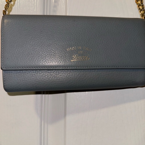 RARE Gucci "50 Years in Japan" Blue Leather Floral Zip & Snap Wallet on Chain - Picture 1 of 15